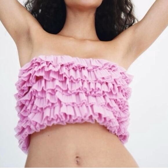 Zara Pink Ruffled Tube Top - Size Small - Picture 2 of 10